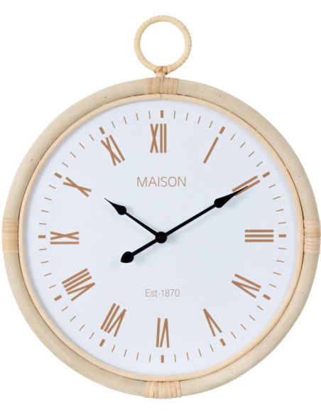 Horloge Murale Ronde Diamètre 40 cm en Rotin Naturel Bois Blanc Kyr - 1