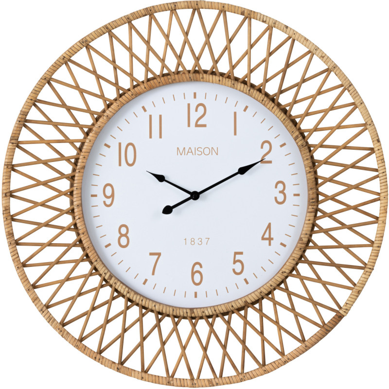 Horloge Murale Ronde XL Diamètre 60 cm en Rotin Naturel Bois Blanc Wonder - 1
