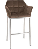 Tabouret de bar Avec accoudoirs Marco en Velours Chocolat Acier inoxydable Argenté Brossé mat