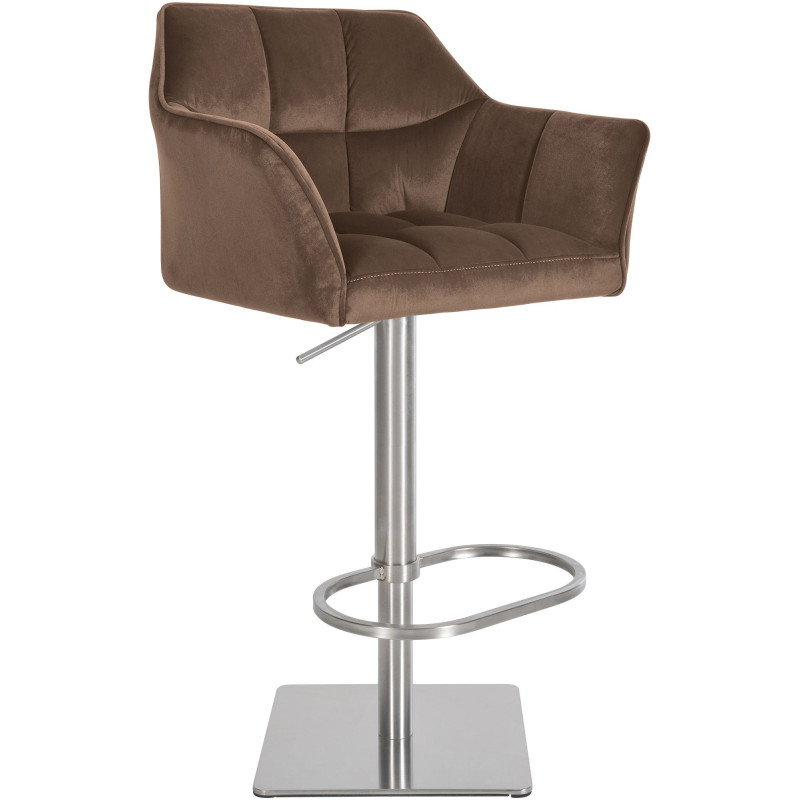 Tabouret de bar Hauteur réglable Marco en Velours Chocolat Acier inoxydable Argenté Brossé mat - 1