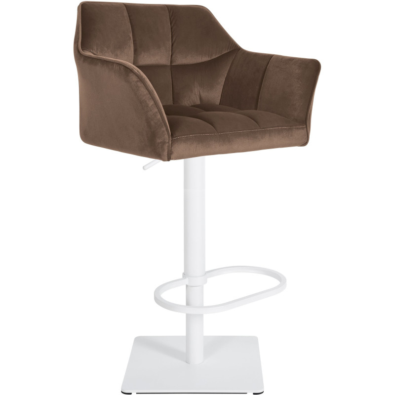Tabouret de bar Hauteur réglable Marco en Velours Chocolat Métal Blanc Mat - 1