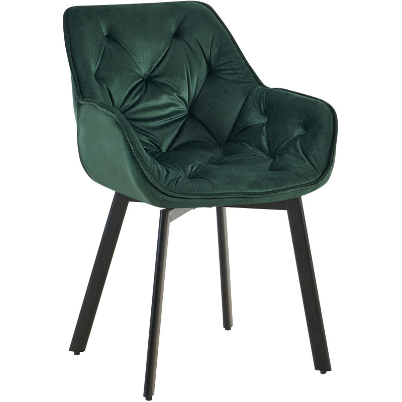 Fauteuil de table capitonné pivotant en Velours Vert Métal Noir Sorlian - 1