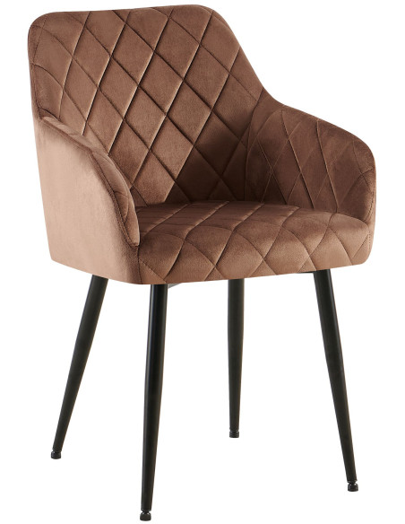 Fauteuil de table matelassé moderne en Velours Marron Métal Noir Arvella - 1