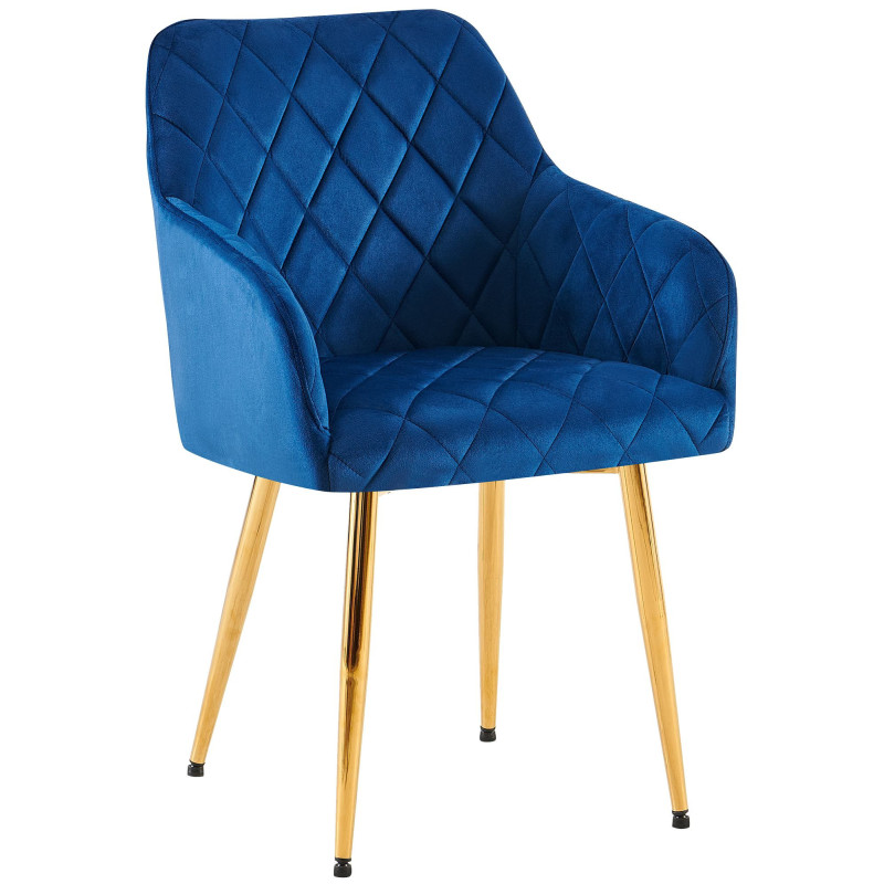 Fauteuil de table matelassé moderne en Velours Bleu foncé Métal Doré Arvella - 1