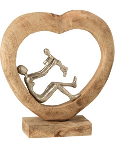 Sculpture déco moderne Coeur Parent Enfant 28 cm en Bois de manguier Naturel Métal Argenté Tharion - 1