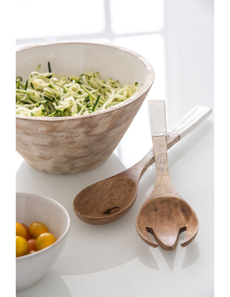 Saladier moderne Rond Diamètre 23 cm en Bois de manguier Blanc Marron Vieilli Taryniss - 2