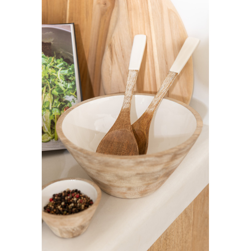 Saladier moderne Rond Diamètre 23 cm en Bois de manguier Blanc Marron Vieilli Taryniss - 4