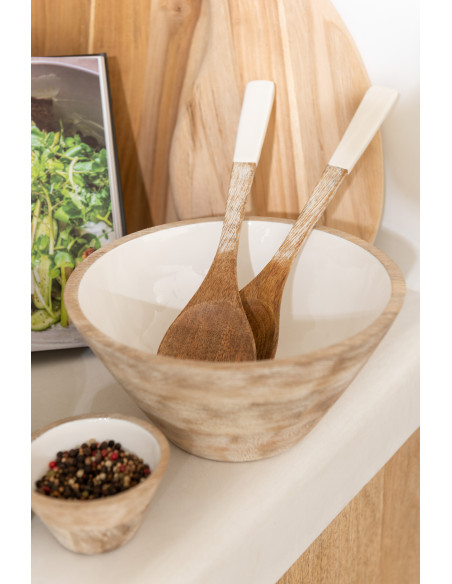 Saladier moderne Rond Diamètre 23 cm en Bois de manguier Blanc Marron Vieilli Taryniss - 4