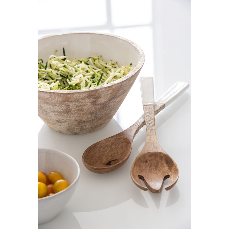 Grand Saladier moderne Rond Diamètre 30 cm en Bois de manguier Blanc Marron Vieilli Taryniss - 2