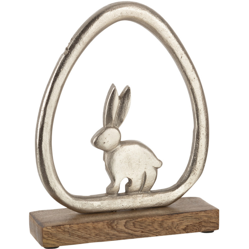 Sculpture originale sur pied Lapin Oeuf Hauteur 24 cm en Métal Argenté Bois de manguier Naturel Orlaya - 1