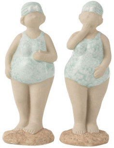 Statuettes Bord de mer Baigneuses Hauteur 14 cm en Céramique Beige Bleu aqua Tyvalis (Lot de 2) - 1