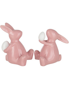 Statuettes déco Lapins Oeufs 10 cm en Céramique Rose Blanc Yrelie (Lot de 2) J-Line - 1