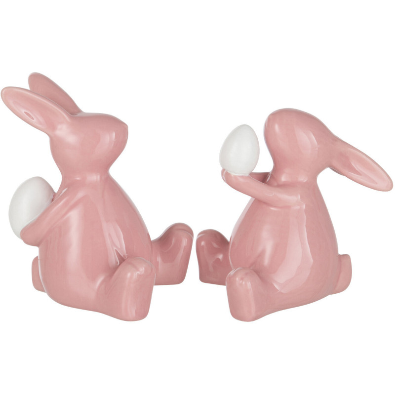 Statuettes déco Lapins Oeufs 10 cm en Céramique Rose Blanc Yrelie (Lot de 2) J-Line - 1