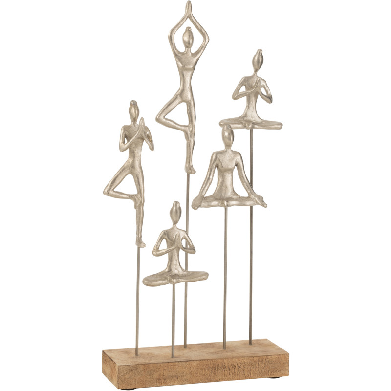 Grande Sculpture moderne sur pied Positions Yoga Hauteur 52 cm en Métal Argenté Bois Naturel Yogi - 1