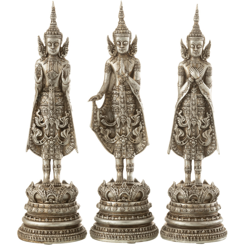 Grandes Statuettes orientales Bouddhas debouts Hauteur 43 cm en Résine Argenté Sinara (Lot de 3) - 1