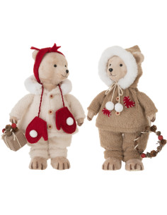 Grandes Statuettes déco Couple Oursons Noël Hauteur 40 cm en Résine Beige Tissu Rivon (Lot de 2) - 1