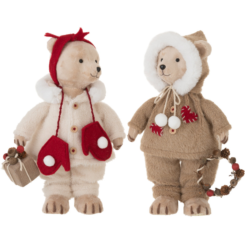 Grandes Statuettes déco Couple Oursons Noël Hauteur 40 cm en Résine Beige Tissu Rivon (Lot de 2) - 1