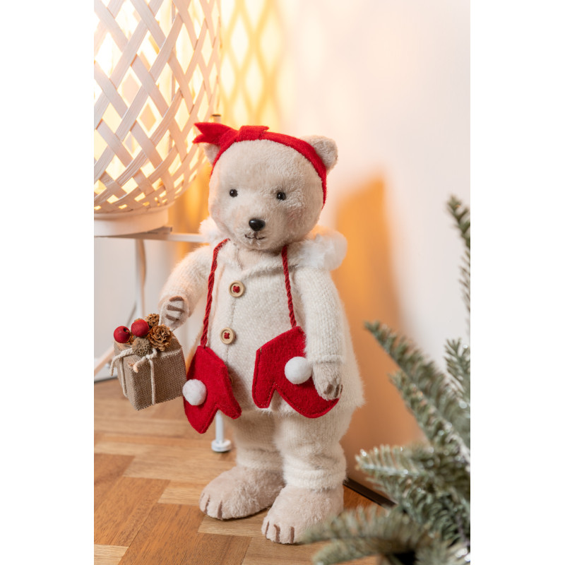 Grandes Statuettes déco Couple Oursons Noël Hauteur 40 cm en Résine Beige Tissu Rivon (Lot de 2) - 3