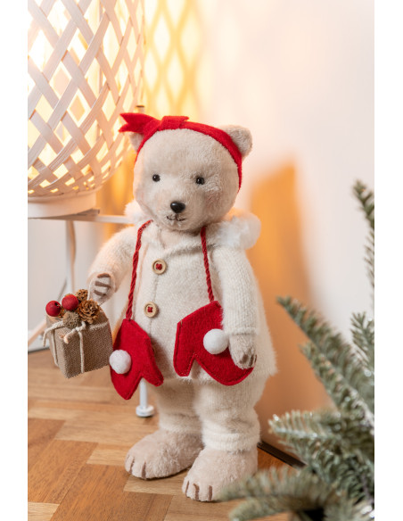 Grandes Statuettes déco Couple Oursons Noël Hauteur 40 cm en Résine Beige Tissu Rivon (Lot de 2) - 3