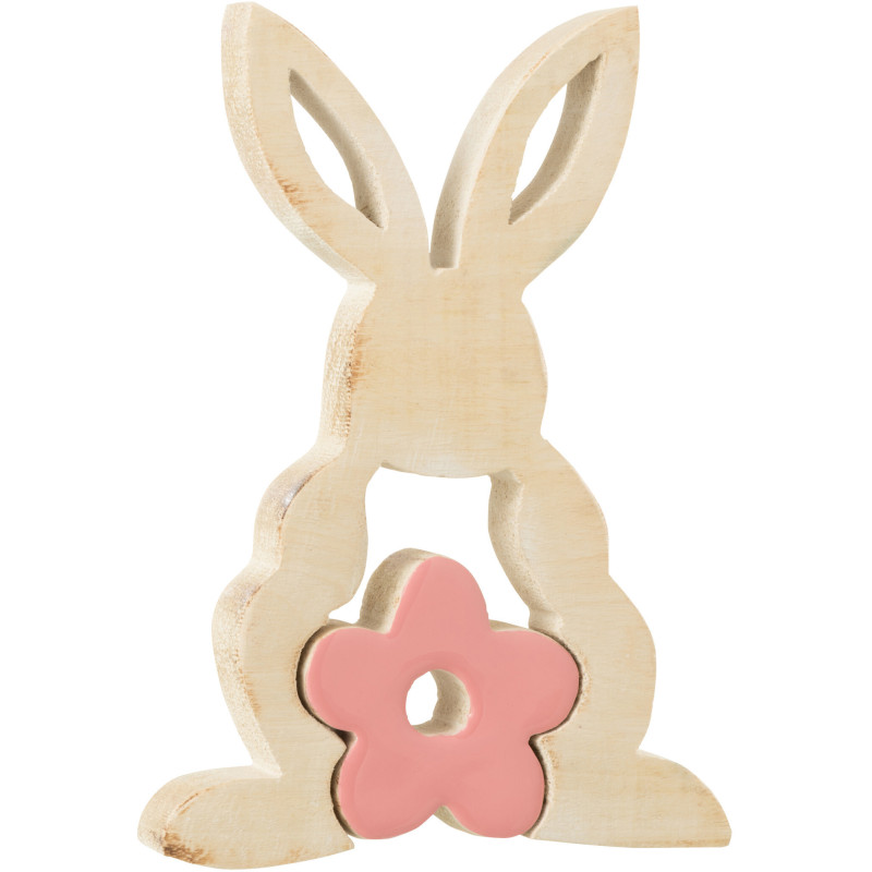 Sculpture moderne Puzzle Lapin Fleur Hauteur 21 cm en Bois Naturel Rose Crayne - 1