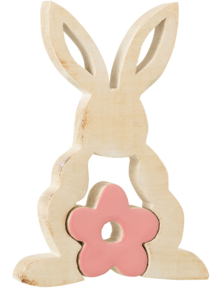 Sculpture moderne Puzzle Lapin Fleur Hauteur 21 cm en Bois Naturel Rose Crayne - 1