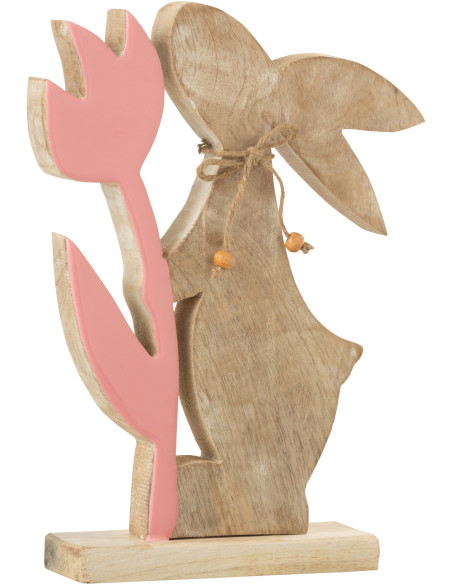 Grande Sculpture moderne Lapin Fleur Hauteur 26 cm en Bois Naturel Rose Zorlen - 1