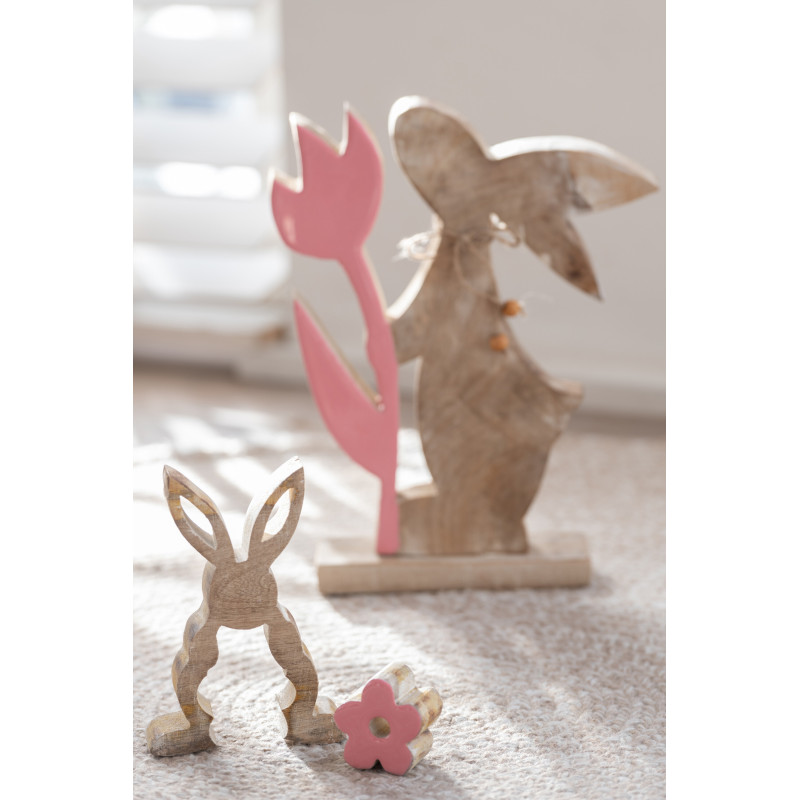 Grande Sculpture moderne Lapin Fleur Hauteur 26 cm en Bois Naturel Rose Zorlen - 2