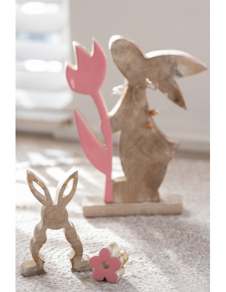 Grande Sculpture moderne Lapin Fleur Hauteur 26 cm en Bois Naturel Rose Zorlen - 2