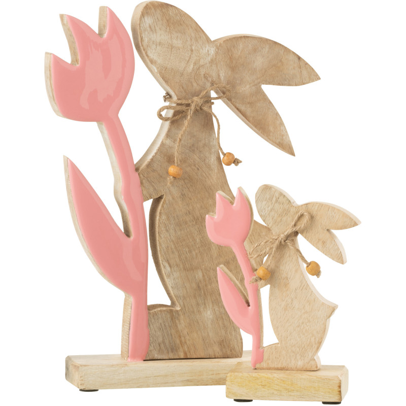Grande Sculpture moderne Lapin Fleur Hauteur 26 cm en Bois Naturel Rose Zorlen - 3