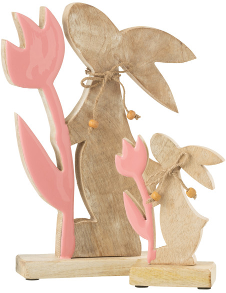 Grande Sculpture moderne Lapin Fleur Hauteur 26 cm en Bois Naturel Rose Zorlen - 3