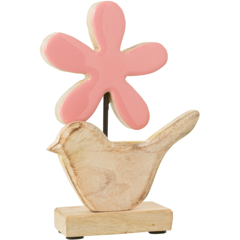 Sculpture originale Oiseau et Fleur Hauteur 20 cm en Bois Naturel Rose Marnelle - 1
