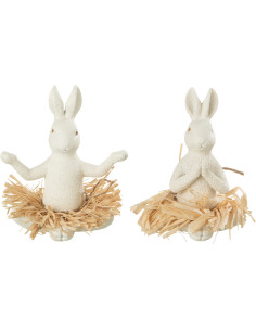 Statuettes originales Lapins assis Yoga Hauteur 12 cm en Résine Blanc Raphia Naturel Davorin (Lot de 2) J-Line - 1