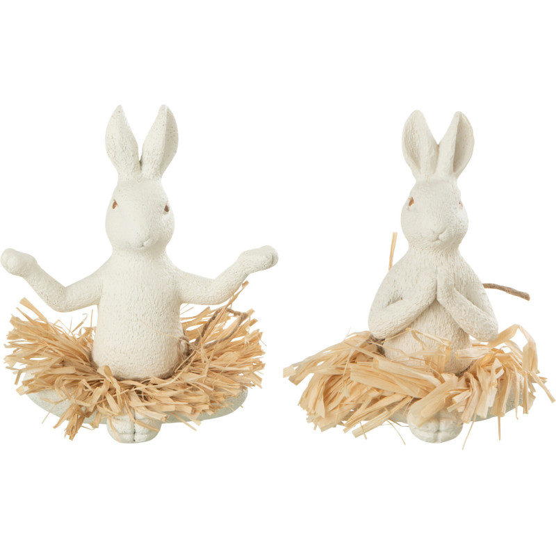 Statuettes originales Lapins assis Yoga Hauteur 12 cm en Résine Blanc Raphia Naturel Davorin (Lot de 2) J-Line - 1