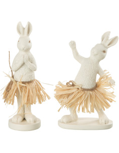 Statuettes originales Lapins debout Yoga Hauteur 17 cm en Résine Blanc Raphia Naturel Davorin (Lot de 2) - 1