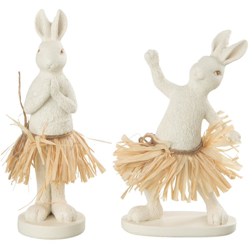 Statuettes originales Lapins debout Yoga Hauteur 17 cm en Résine Blanc Raphia Naturel Davorin (Lot de 2) - 1