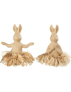 Statuettes originales Lapins assis Yoga Hauteur 12 cm en Résine Beige Raphia Naturel Davorin (Lot de 2) - 1