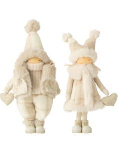 Statuettes déco Garçon Fille hiver Hauteur 31 cm en Résine Tissu Beige Quinira (Lot de 2) - 1