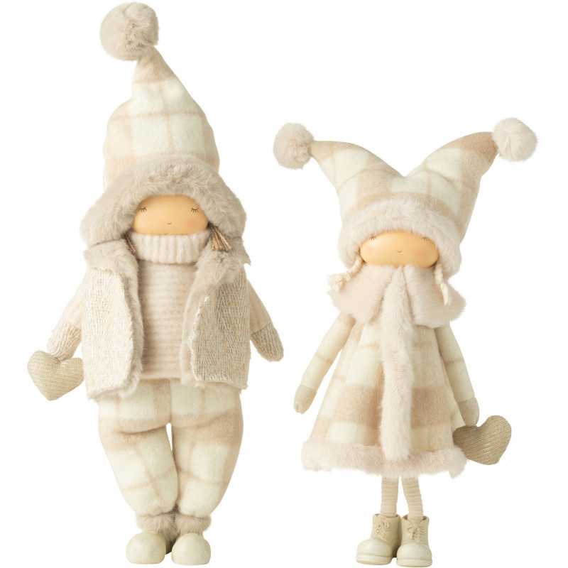 Grandes Statuettes déco Garçon Fille hiver Hauteur 58 cm en Résine Tissu Beige Quinira (Lot de 2) - 1