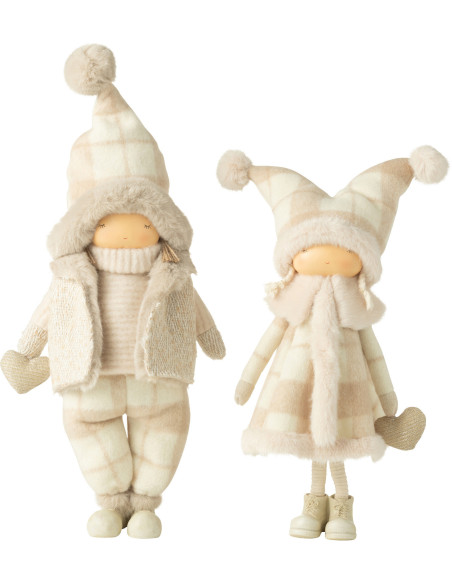 Grandes Statuettes déco Garçon Fille hiver Hauteur 58 cm en Résine Tissu Beige Quinira (Lot de 2) - 1