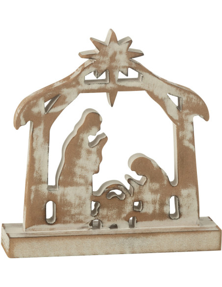 Sculpture déco Crèche de Noël 18 cm en Bois de manguier Blanc Naturel Vieilli Selvaris J-Line - 1