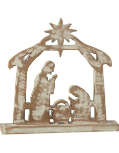 Grande Sculpture déco Crèche de Noël 28 cm en Bois de manguier Blanc Naturel Vieilli Selvaris - 1