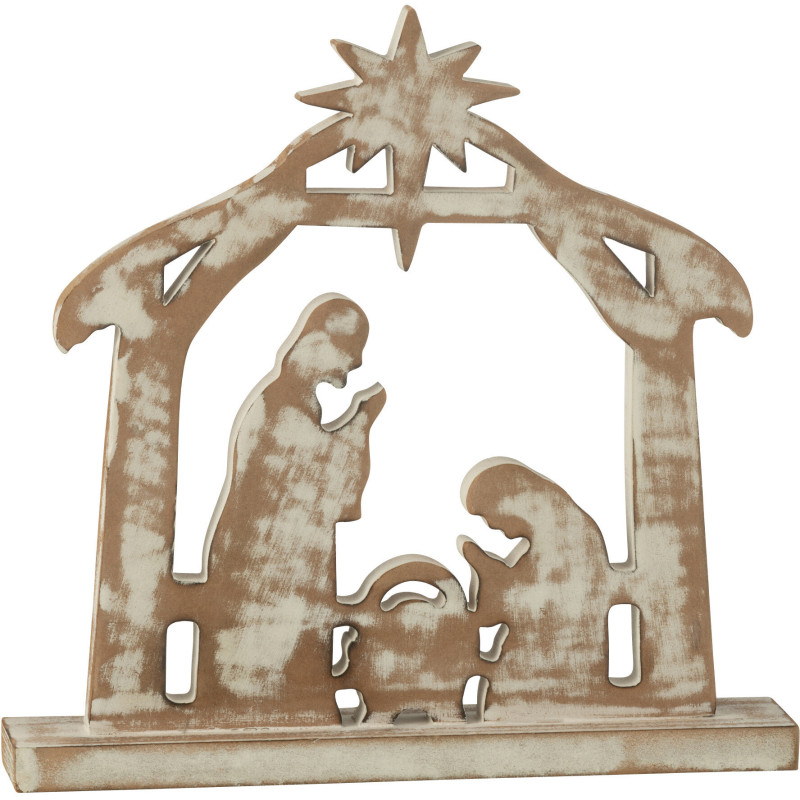 Grande Sculpture déco Crèche de Noël 28 cm en Bois de manguier Blanc Naturel Vieilli Selvaris - 1