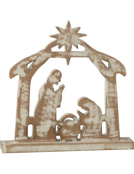 Grande Sculpture déco Crèche de Noël 28 cm en Bois de manguier Blanc Naturel Vieilli Selvaris - 1