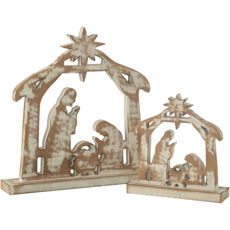 Grande Sculpture déco Crèche de Noël 28 cm en Bois de manguier Blanc Naturel Vieilli Selvaris - 2
