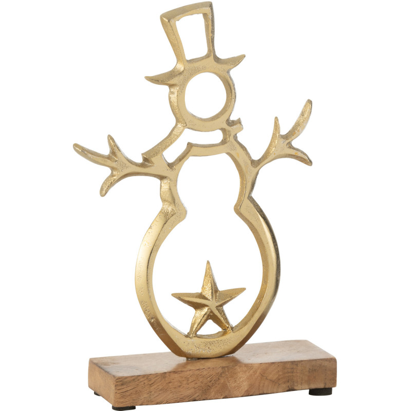 Sculpture sur pied Bonhomme de neige Hauteur 16 cm en Métal Doré Bois Marron Zynelle - 1