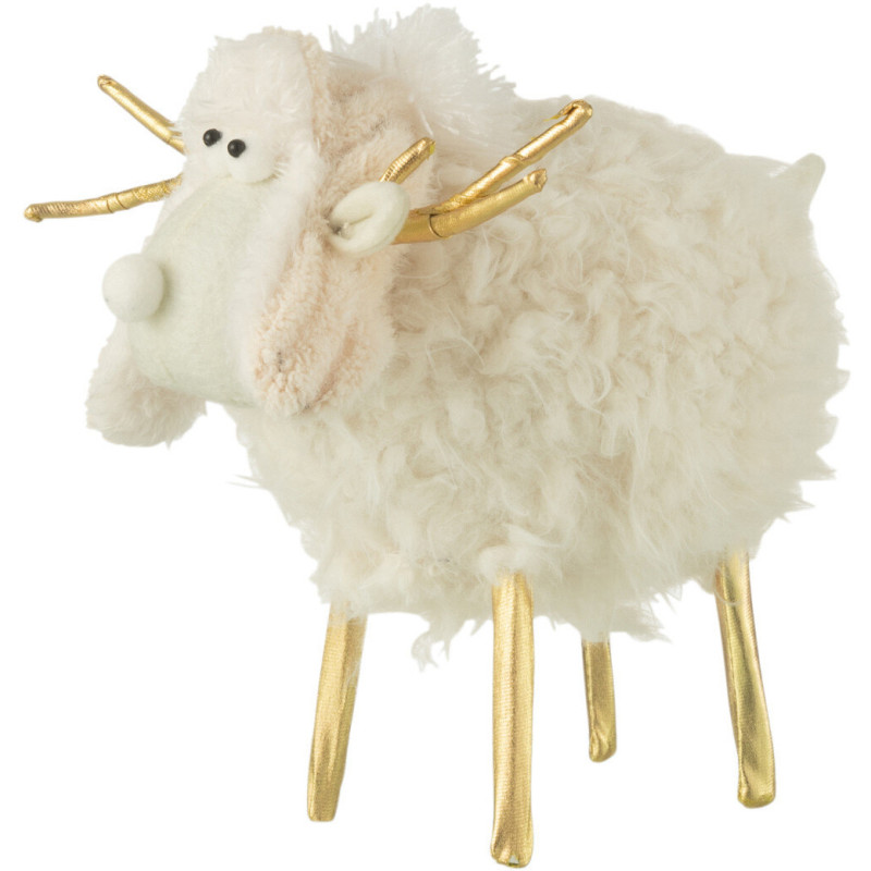Grande Statuette originale Mouton avec bonnet Hauteur 25 cm en Tissu Blanc crème Doré Syralis - 1