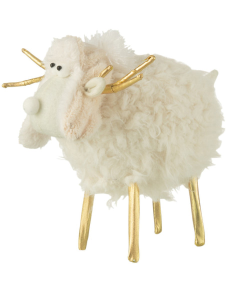 Grande Statuette originale Mouton avec bonnet Hauteur 25 cm en Tissu Blanc crème Doré Syralis - 1