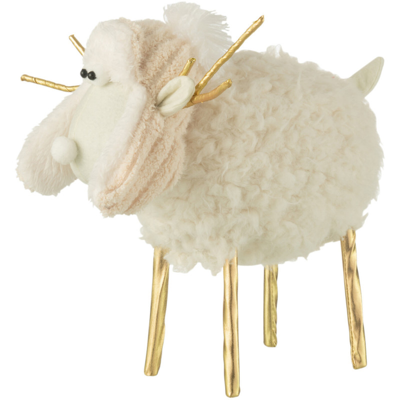 Grande Statuette originale Mouton avec bonnet Hauteur 34 cm en Tissu Blanc crème Doré Syralis - 1