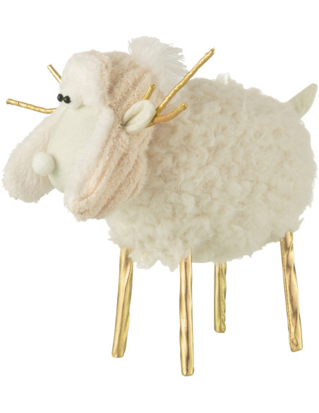 Grande Statuette originale Mouton avec bonnet Hauteur 34 cm en Tissu Blanc crème Doré Syralis - 1