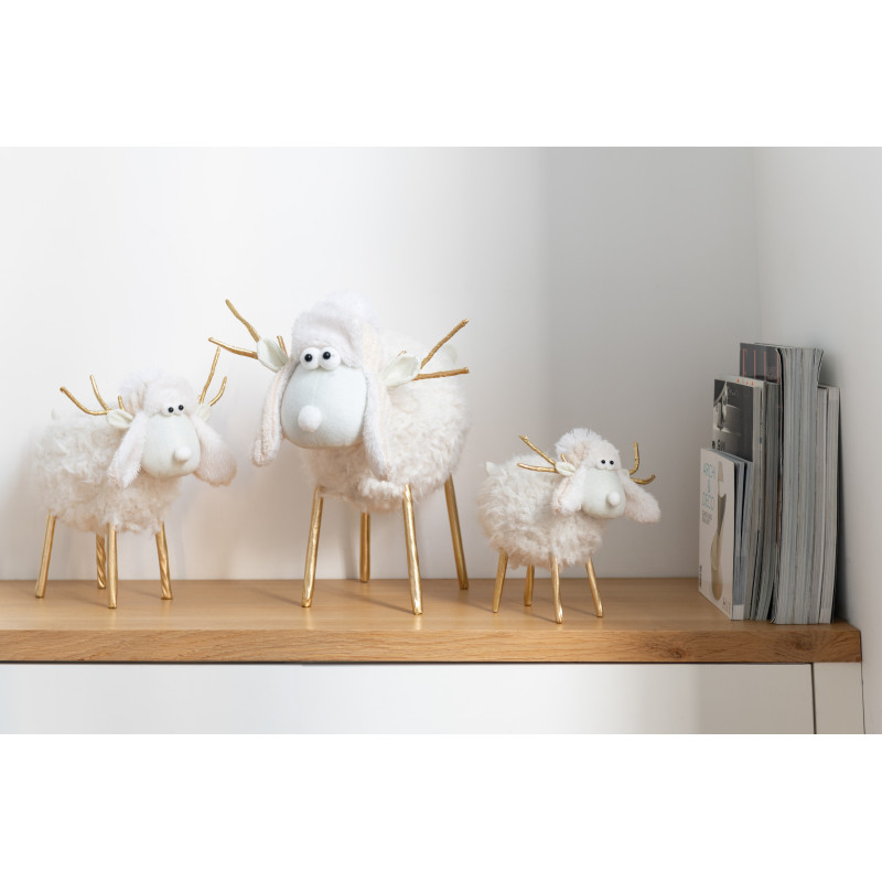 Grande Statuette originale Mouton avec bonnet Hauteur 34 cm en Tissu Blanc crème Doré Syralis - 2